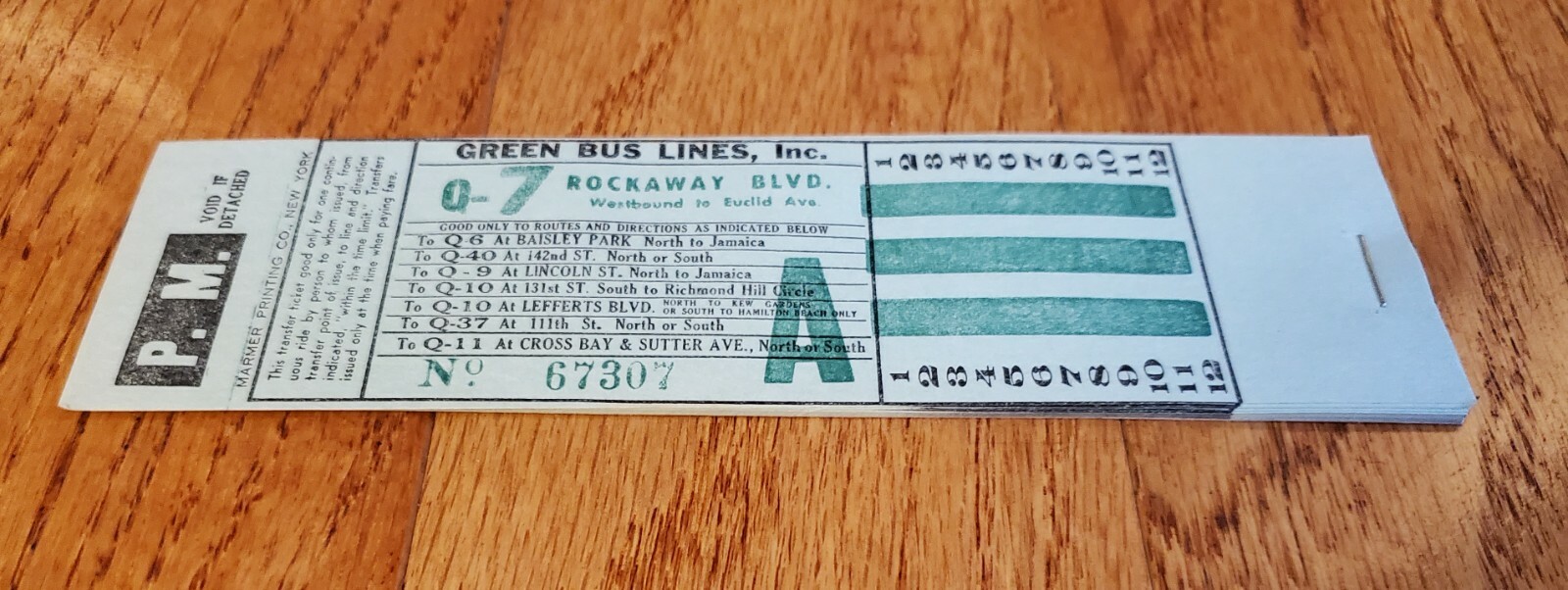 GREEN BUS LINES INC TRANSFER TICKET BOOK Q-7 ROCKAWAY BLVD QUEENS NY GREEN/GREEN