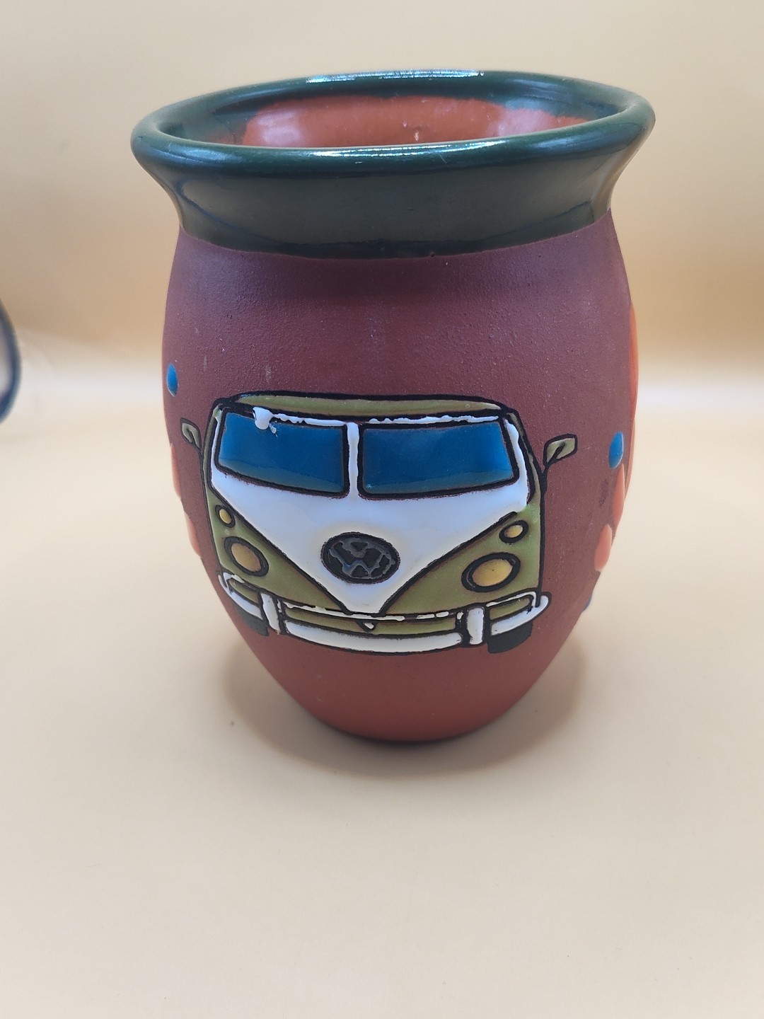 Vintage 5″ La Fortaleza Terra Cotta Enameled Pot Volkswagon Bus Car Bug Vase