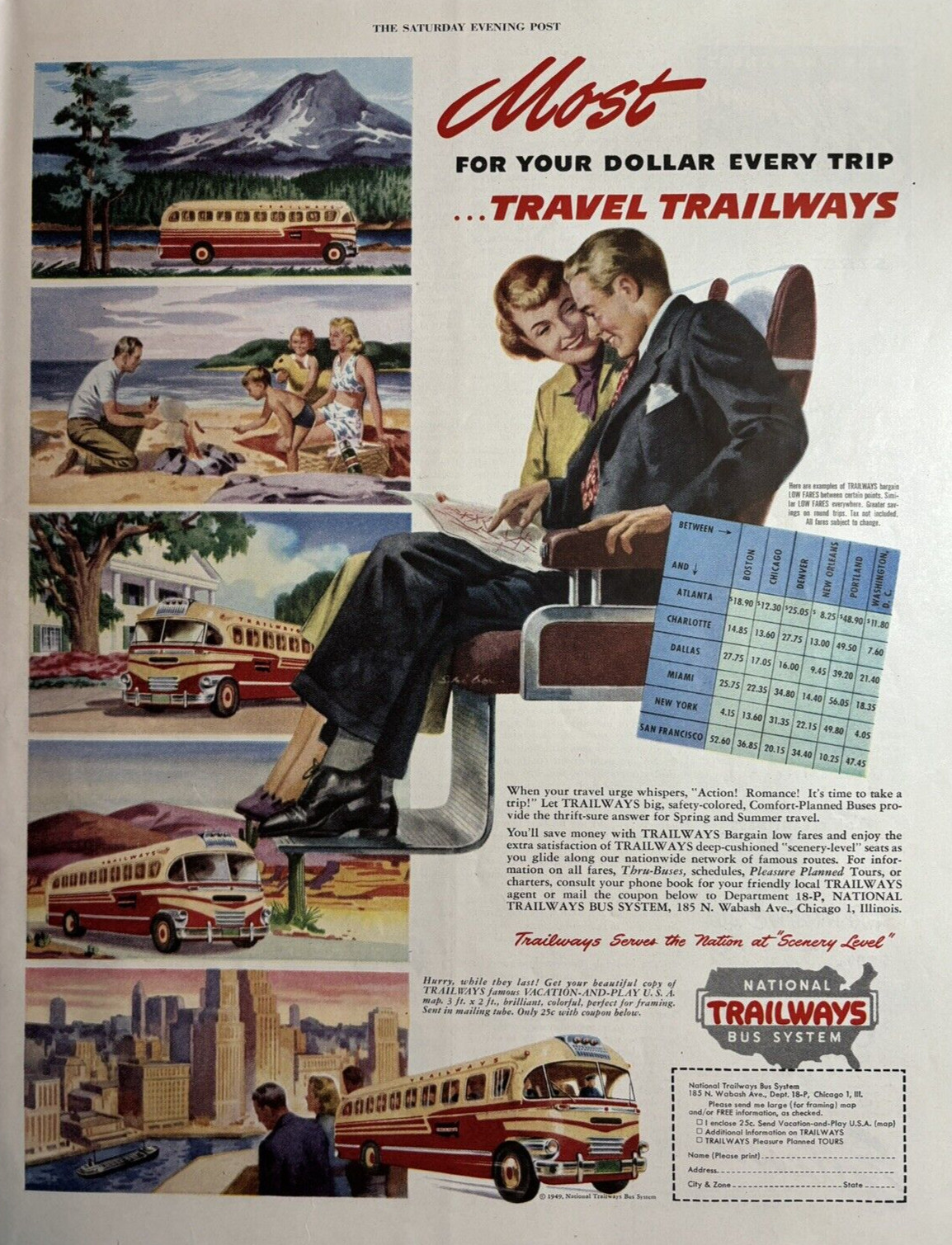 1949 Trailways National Bus system Travel Ticket Fare Chart Scenery VTG Print Ad