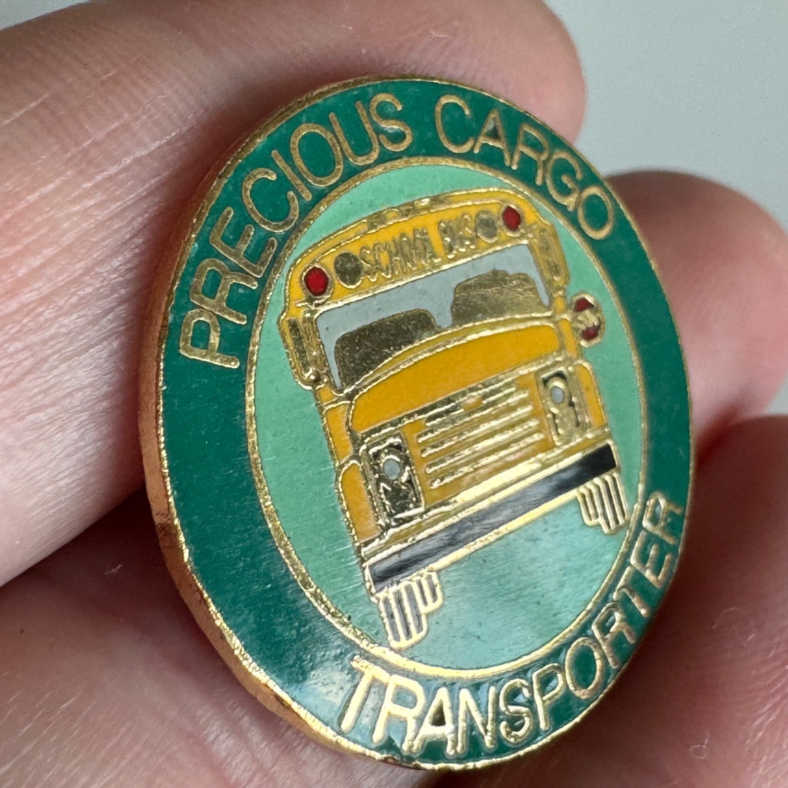 Precious Cargo Transporter School Bus Driver Green Gold Lapel Pin Badge