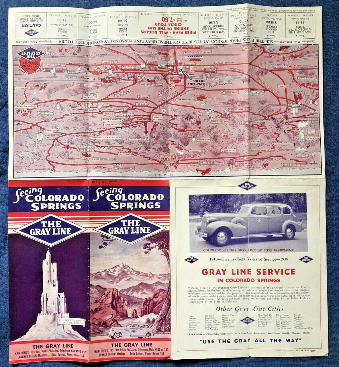 Pikes Peak COLORADO SPRINGS 1938 Brochure GRAY LINE MOTOR TOUR Cadillac Tour BUS