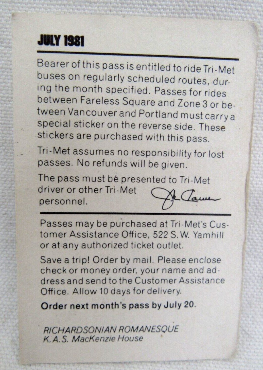 Vintage Tri-Met Bus & Max Light Rail July 1981 Monthly Pass Portland Oregon OR