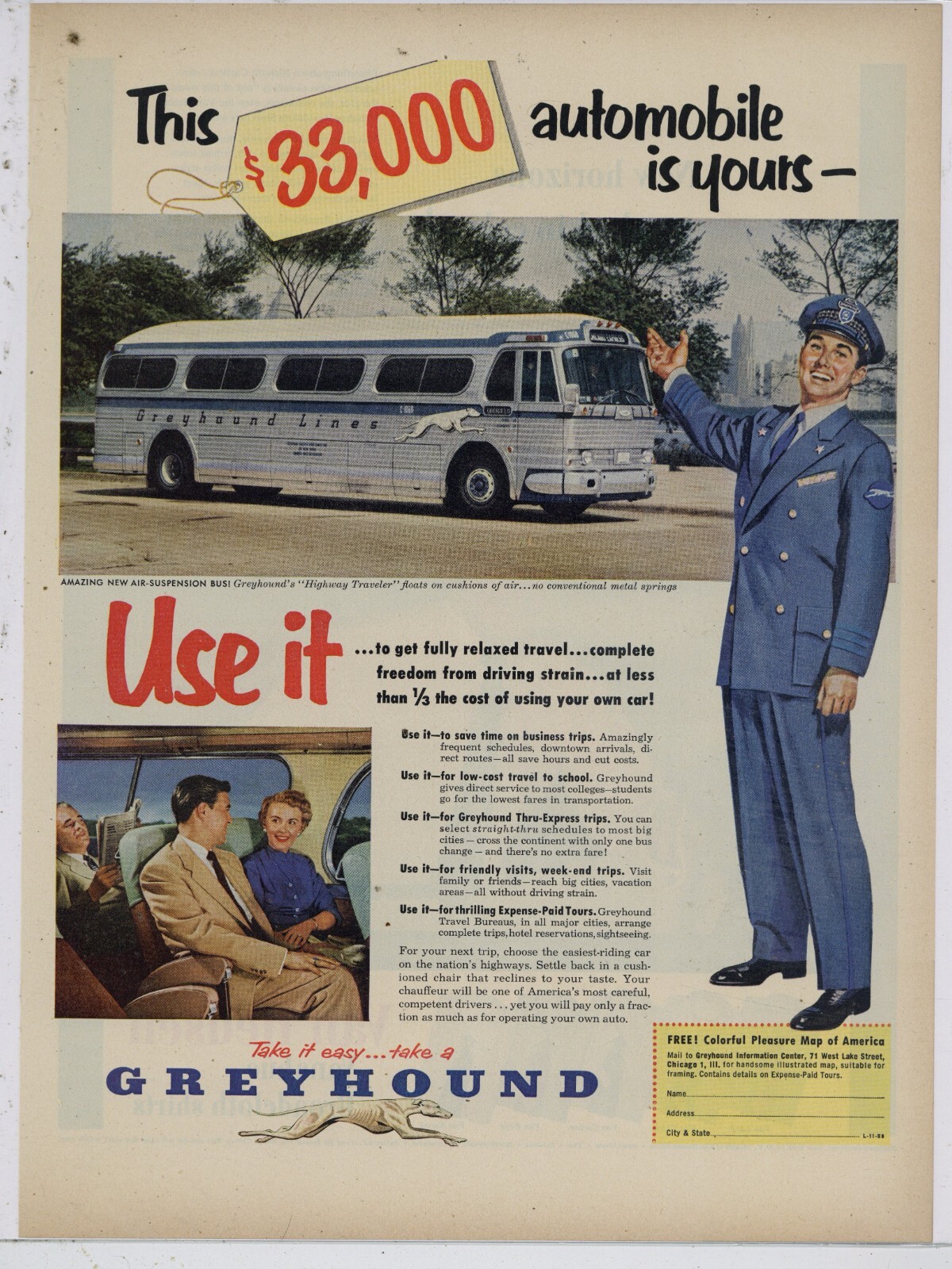 1953 Greyhound Bus Lines Ad: Highway Traveler Model Pictured, $33,000 Cost