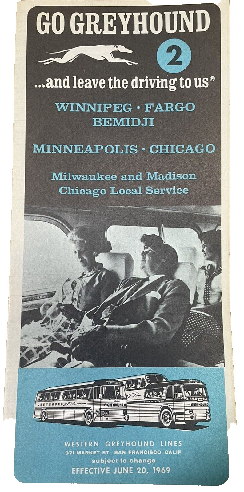 1969 Go Greyhound BUS Schedule Time Tables 2 & 64 Chicago Winnipeg Lot of 2
