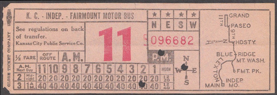 Kansas City KS Public Service KC Indep Fairmount Motor Bus transfer ca 1940s