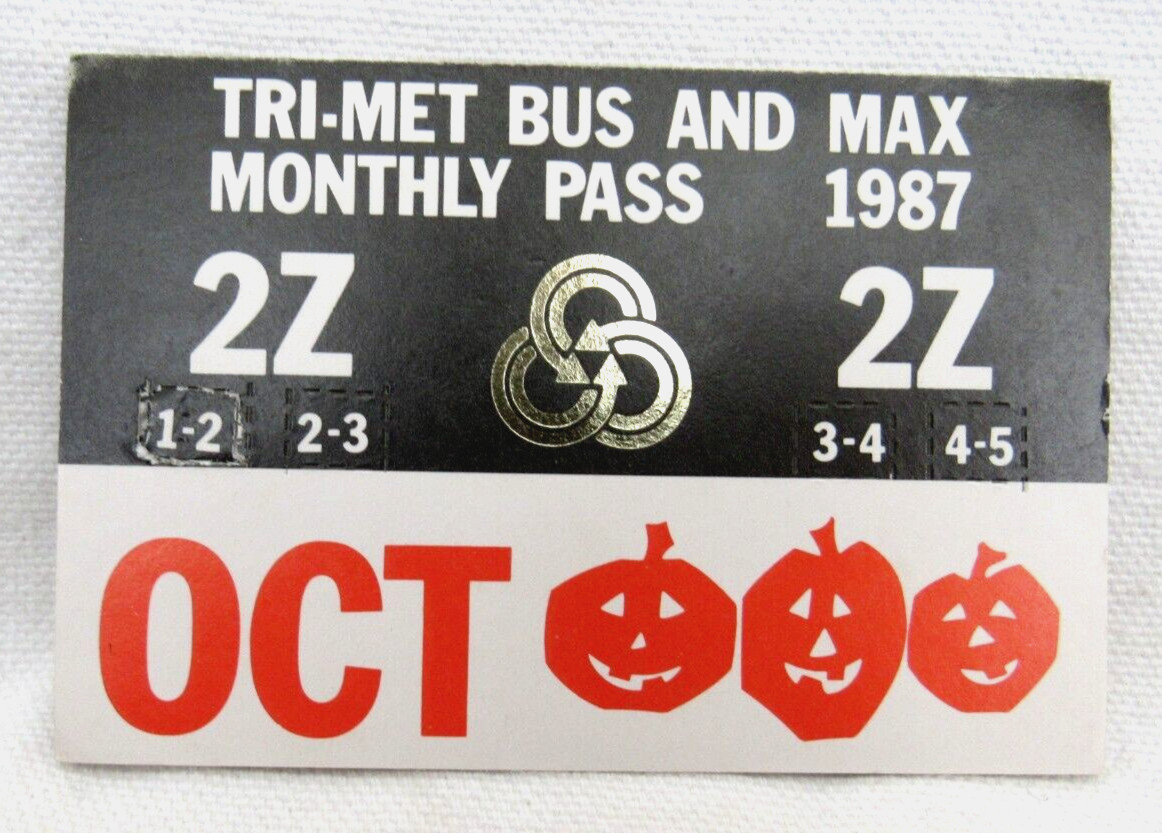 Vintage Tri-Met Bus & Max Light Rail Oct. 1987 Monthly Pass Portland Oregon OR