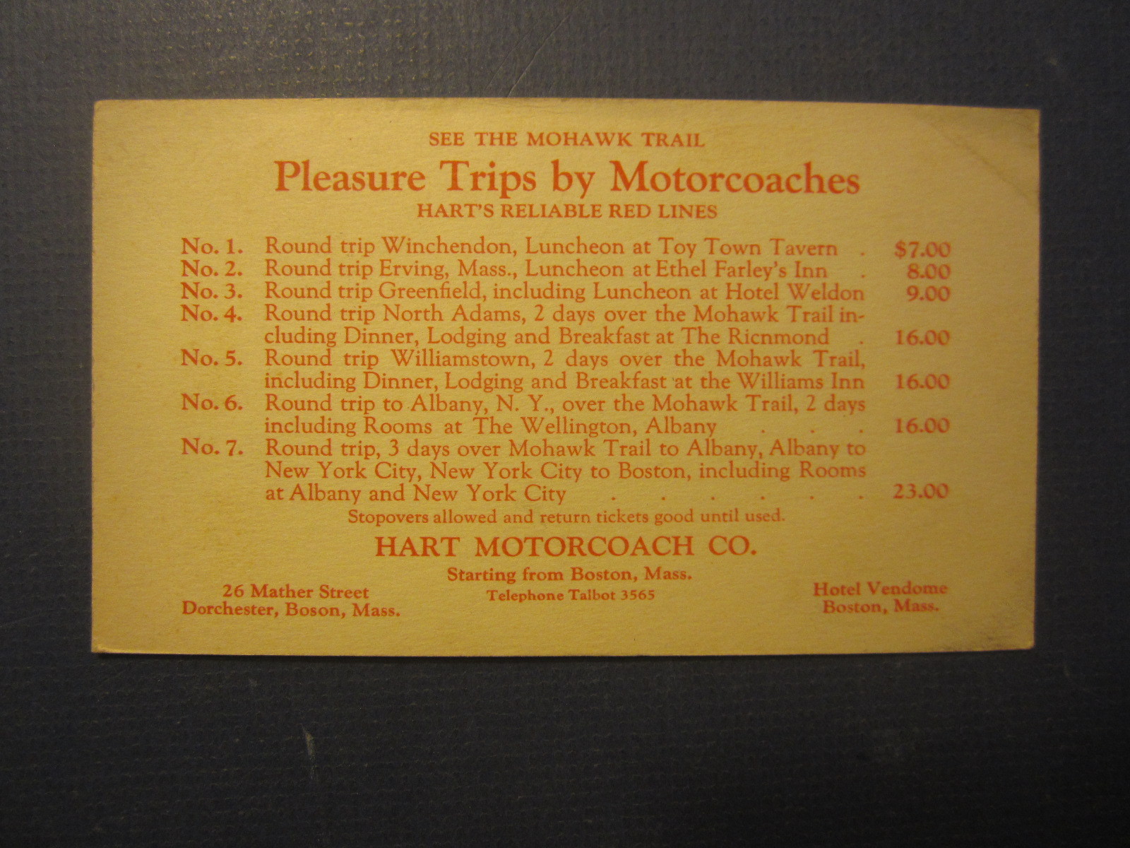 Old Vintage 1920’s Hart Motorcoach Co. BOSTON – Mohawk Trail Pleasure Trips CARD