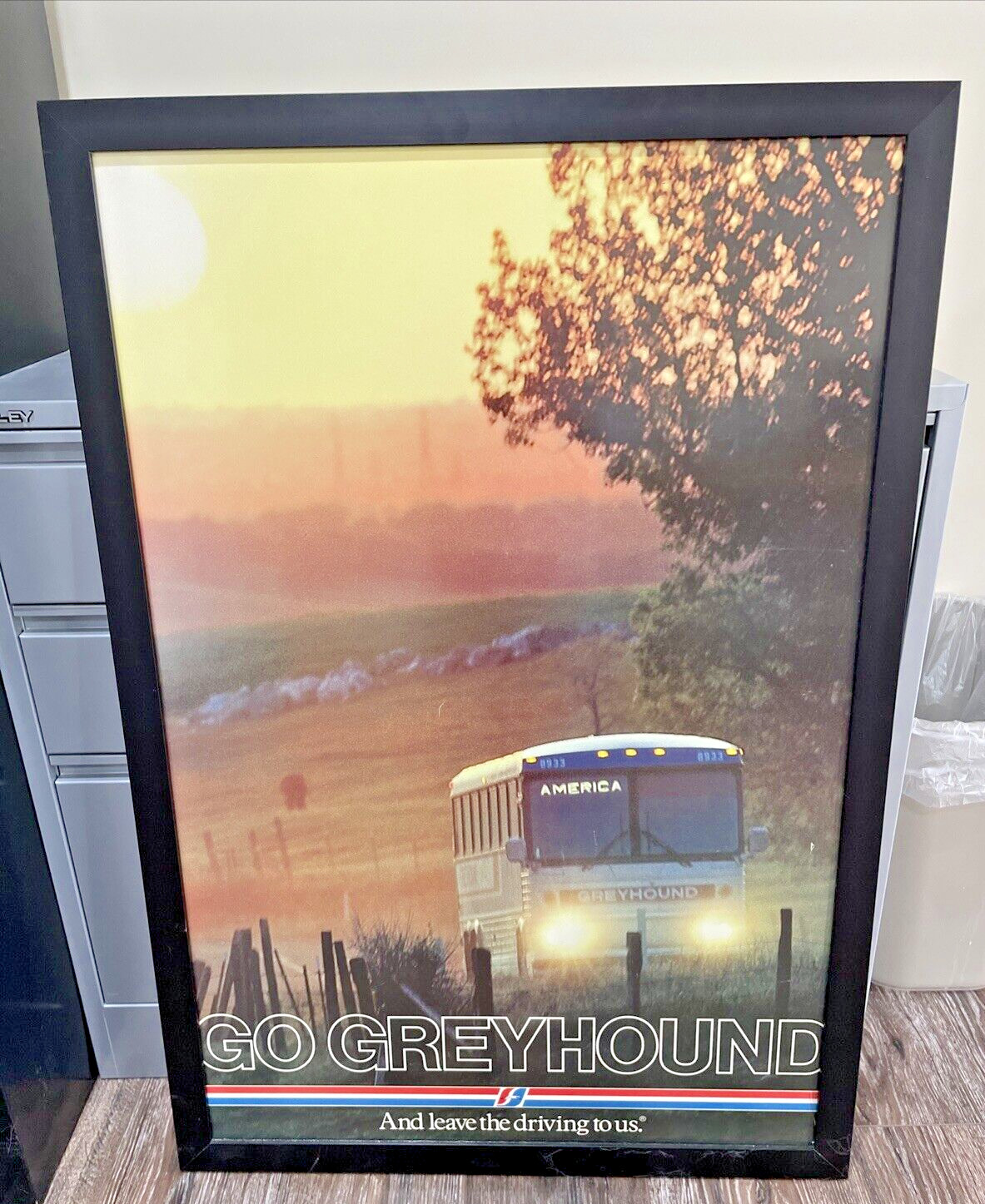 Framed Greyhound Bus Poster “Go Greyhound and Leave the Driving to Us” – 1985