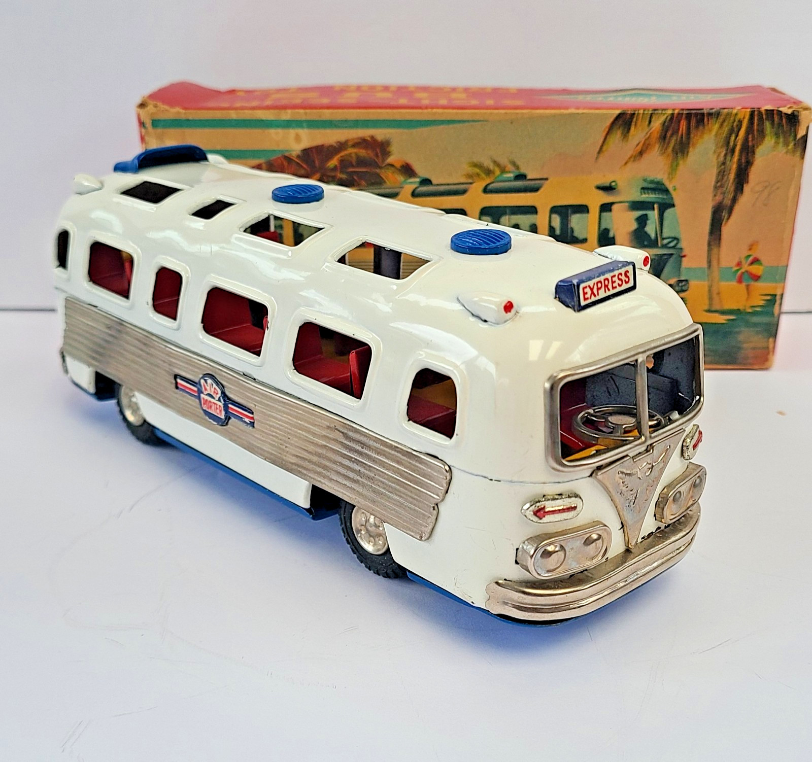 VINTAGE SSS JAPAN TIN FRICTION BUS AIR PORTER SIGHT SEEING WITH BOX 1950’S