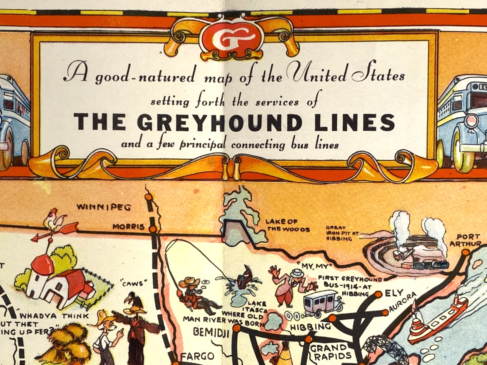 1933 HUGE CARTOON MAP OF U.S.A. – 20″x 30″ full-color poster GREYHOUND BUS LINES