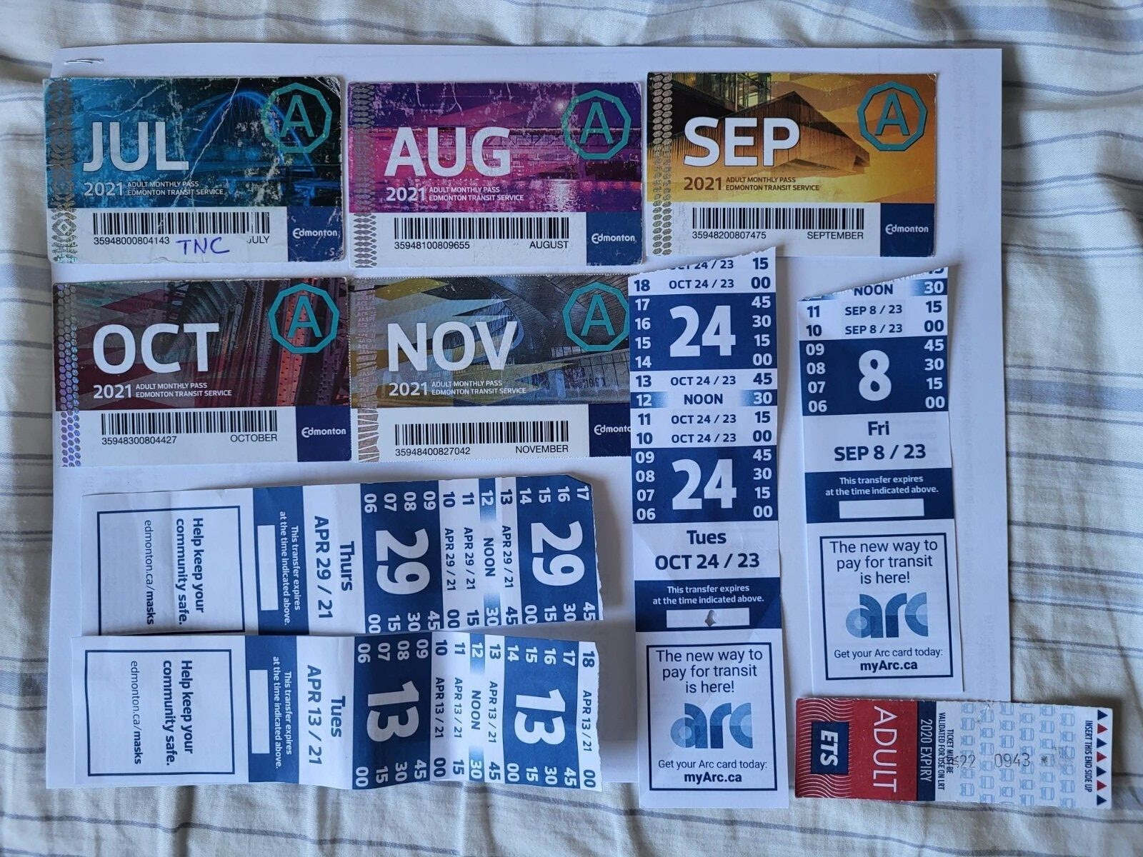 Edmonton Transit Service ETS 2021 Train or Bus Pass/Ticket/Transfer Set