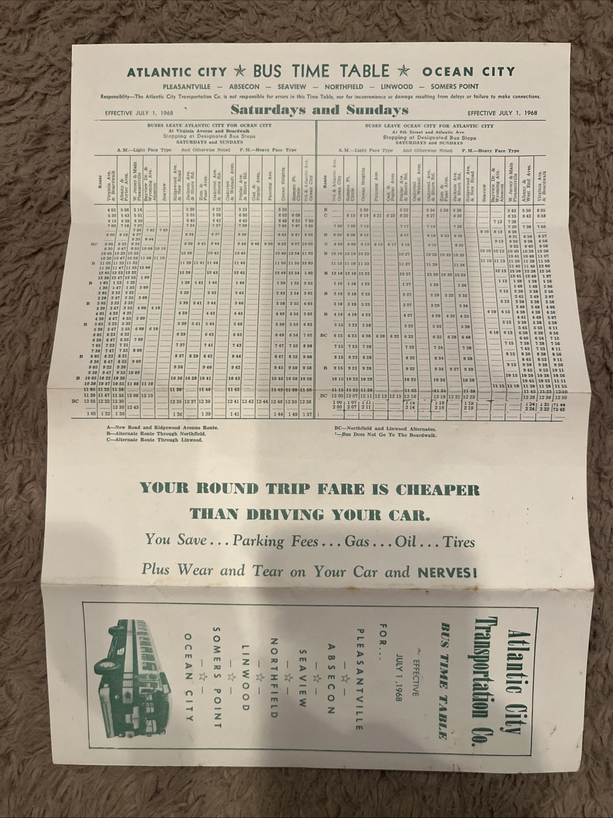 July 1, 1968 Atlantic City Transportation Company Ocean City Bus Schedule