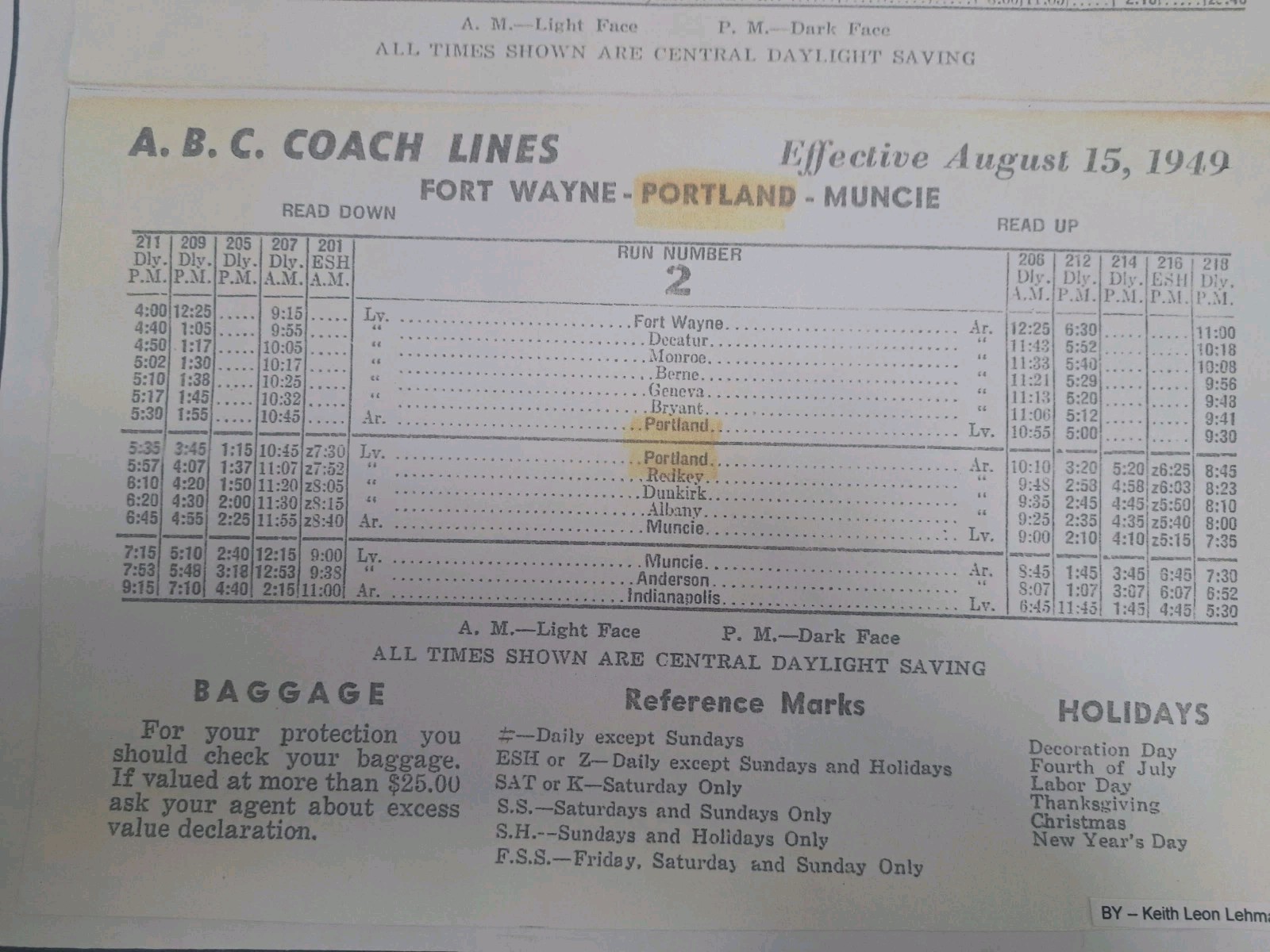 ABC COACH LINES BUS SCHEDULE 1949 – FORT WAYNE, IN 12″x18″ Framable Collectible