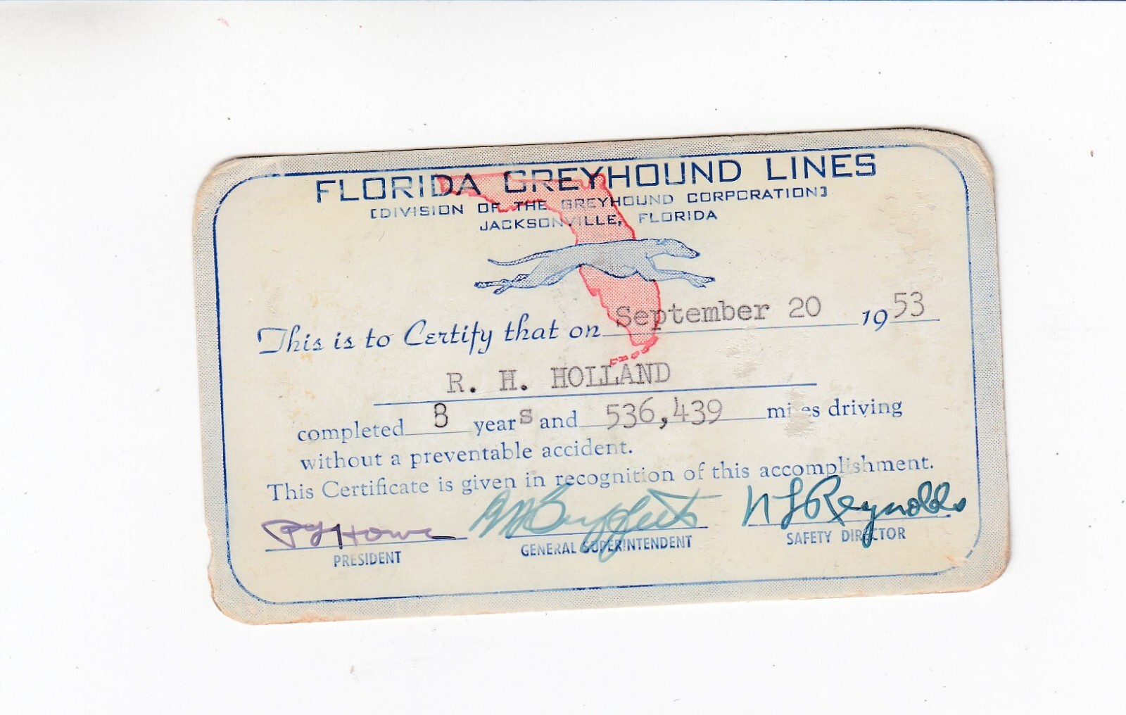 1953 Florida Greyhound Lines Safe Driving Certificate