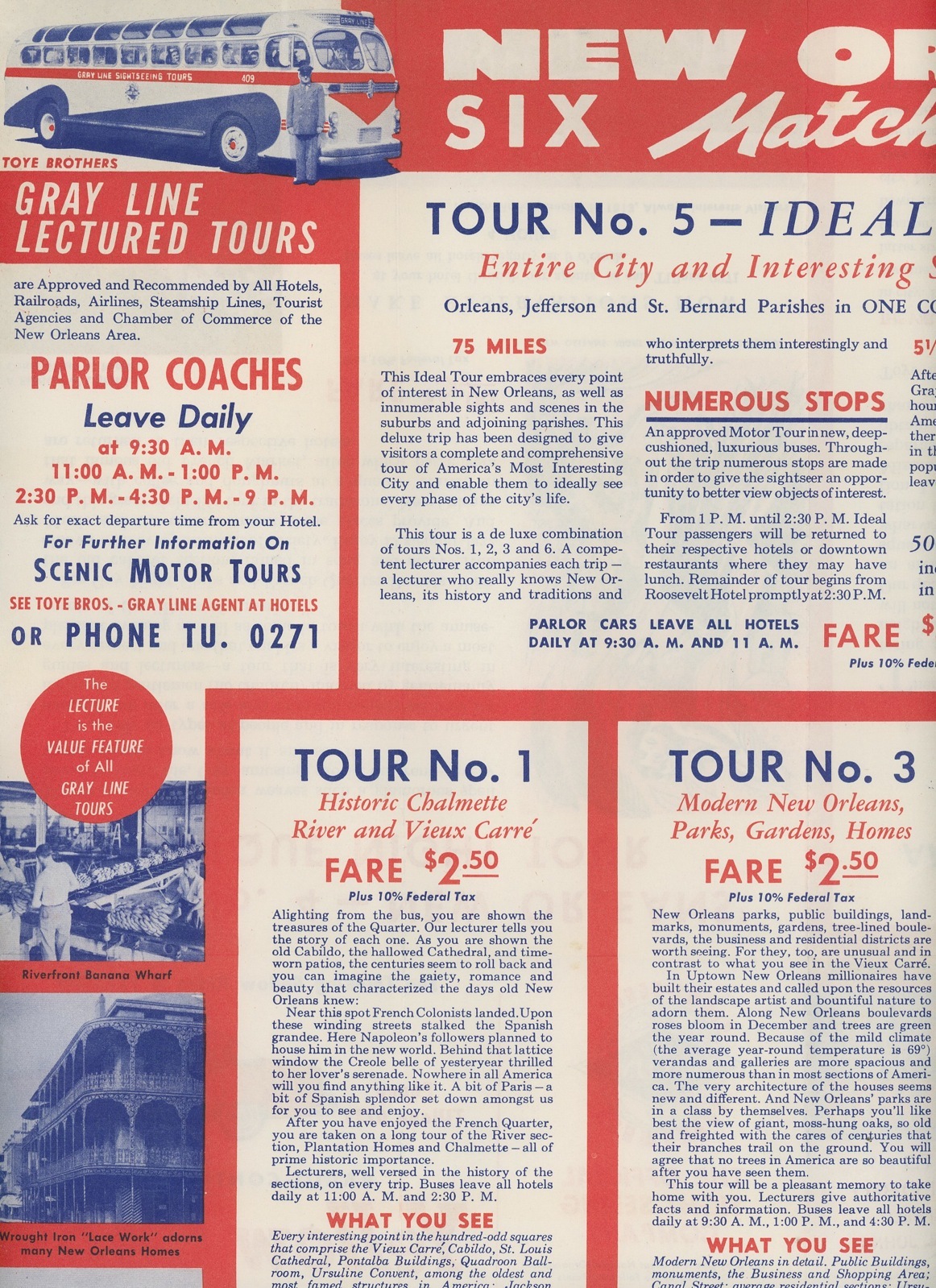 1955 Gray Line Bus Brochure New Orleans Tours Toye Bros. Travel Tourism Buses