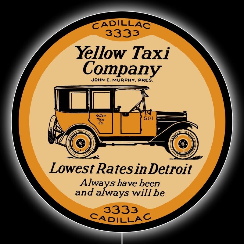 Yellow Taxi Company of Detroit NEW LED Hanging Lighted Sign: 23″ Dia. Round