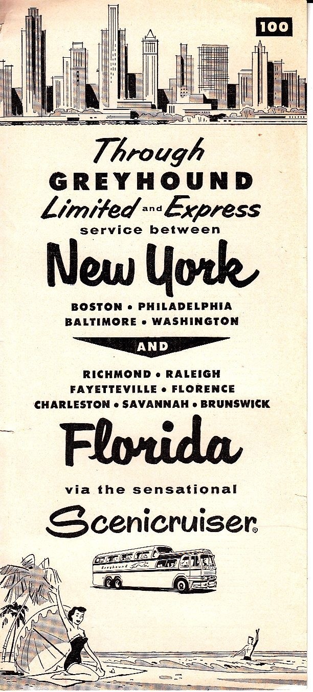 Greyhound Scenicruiser New York Florida #100 Time Table Brochure 1957