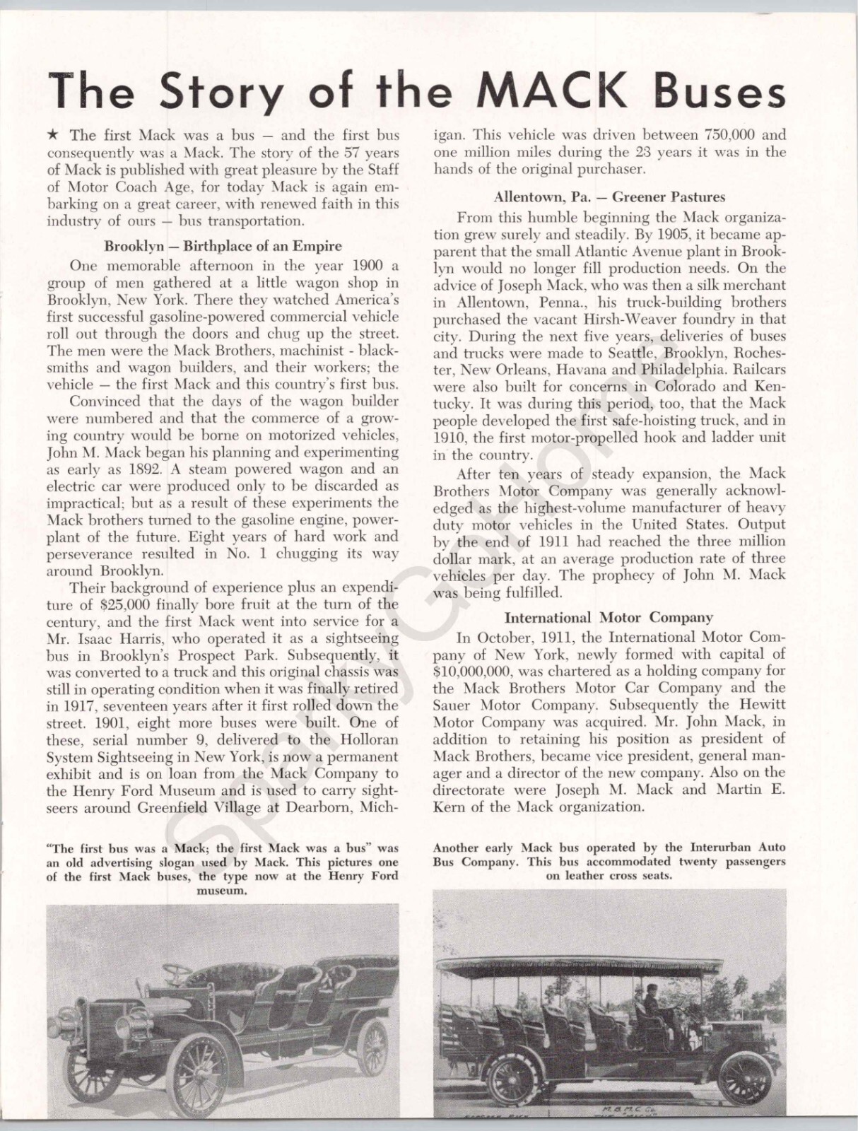 MACK Truck Bus History 6-Page Pictures Historical Article & Print Ad 1957
