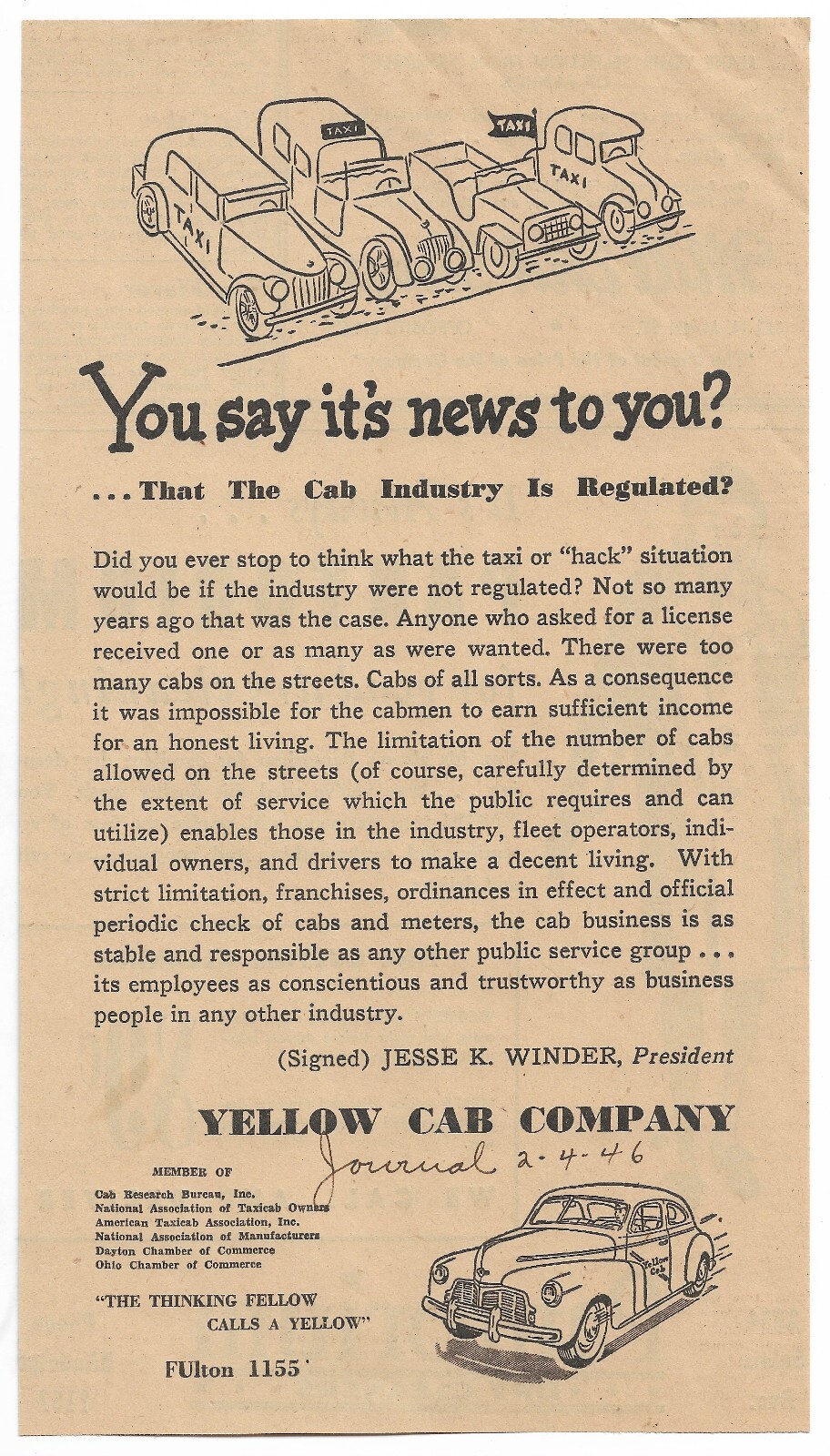 Yellow Cab Company News Ad Info “The Thinking Fellow” Industry Vintage 1946