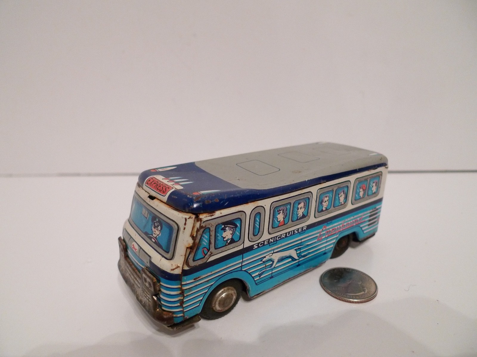 Vintage Greyhound Scenicruiser Express Tin Toy 5″ Bus 4520 Made in Japan (Y) !!!