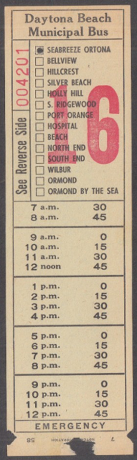 Daytona Beach Municipal Bus trasfer FL Route 16 1958