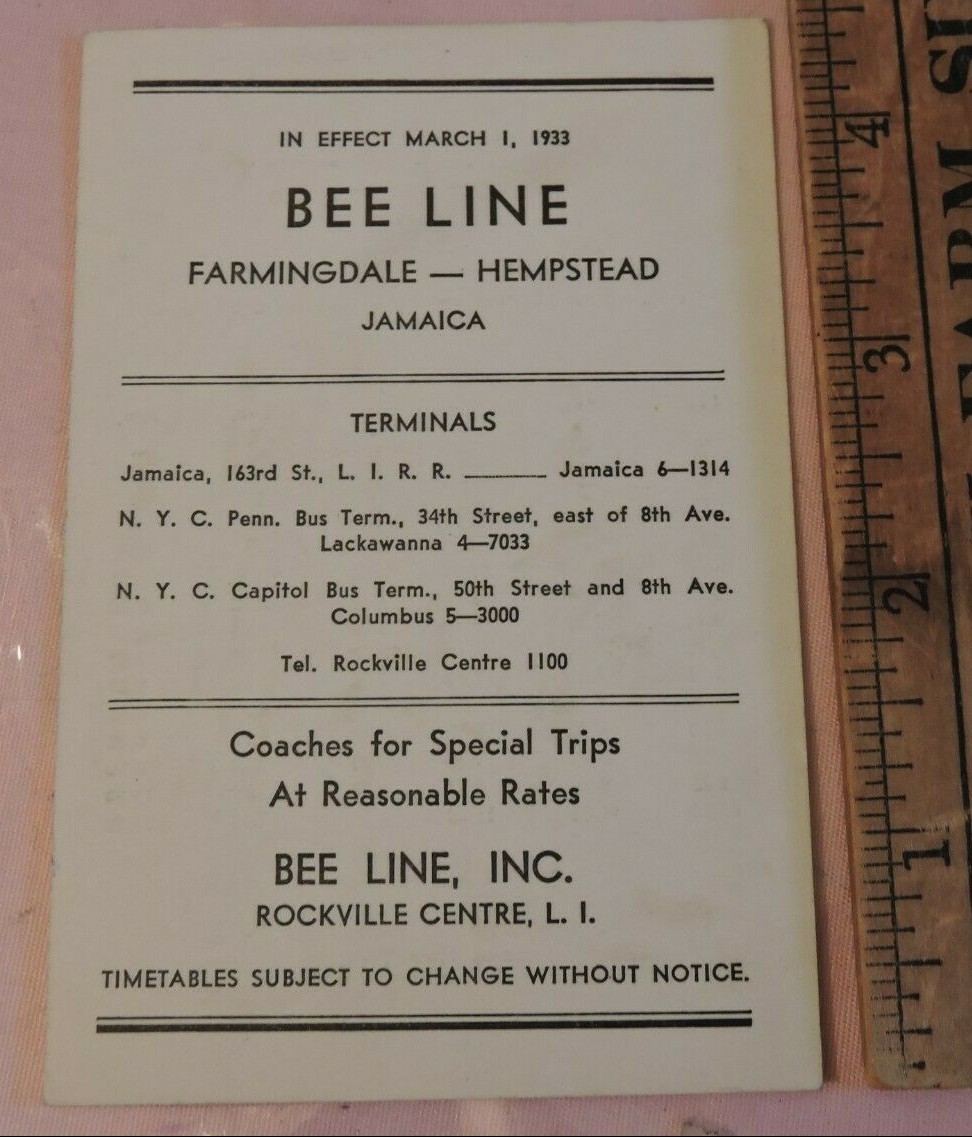 1933 Bee Line Bus Rockville Centre Long Island LIRR Jamaica Farmingdale Schedule