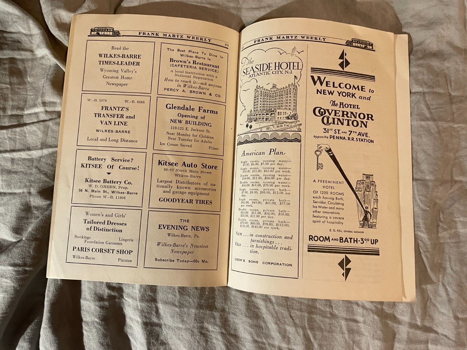 Frank Martz Coach Bus Weekly Timetable 1929 NYC New York City Wilkes Barre PA NY