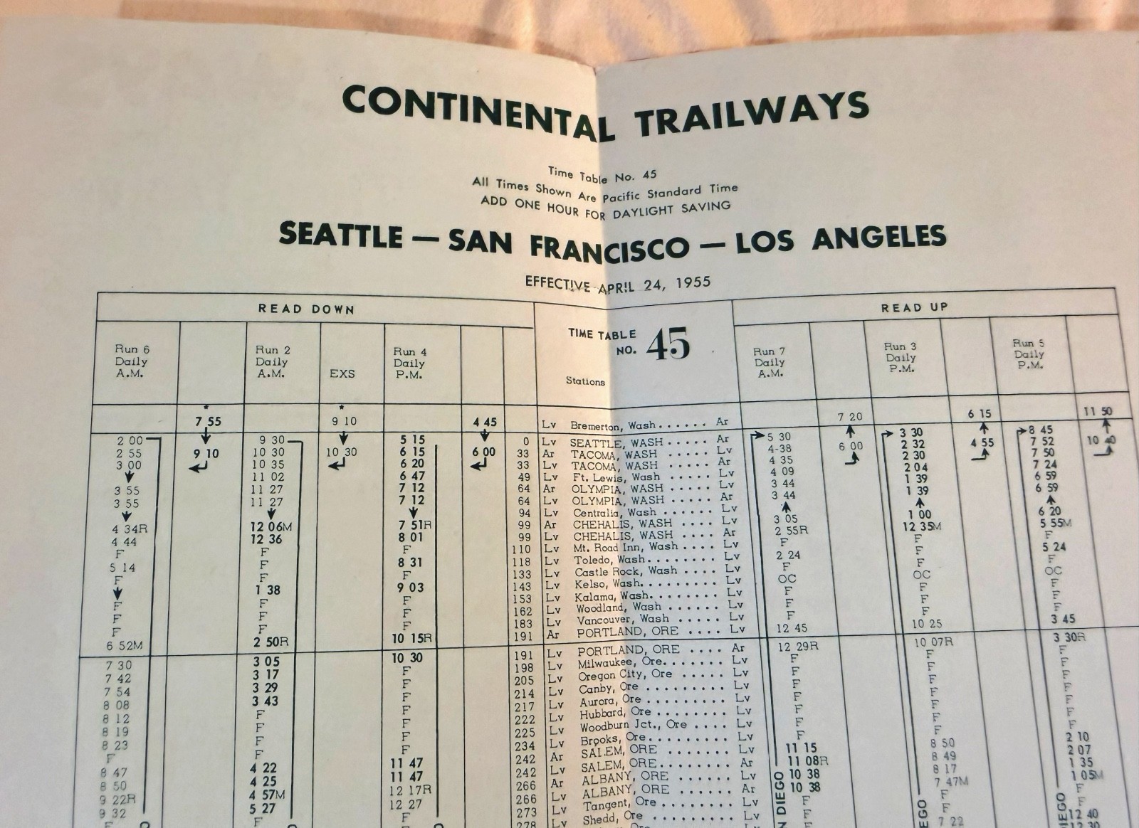 1955 Trailways Continental Bus System Schedule OR WA CA vintage ephemeral