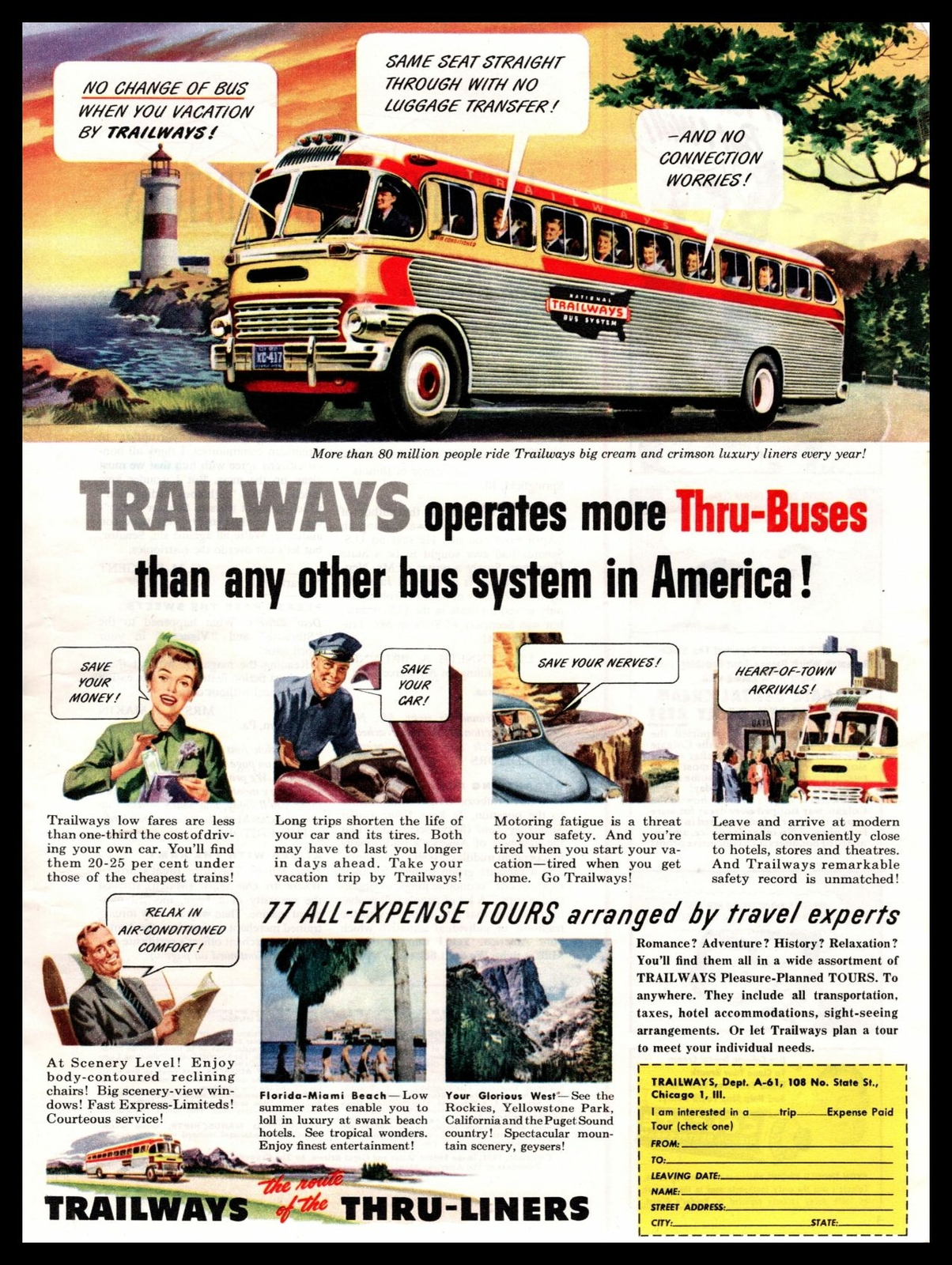 1951 Trailways Bus Coach Lines “The Route Of The Thru-Liners” Vintage Print Ad