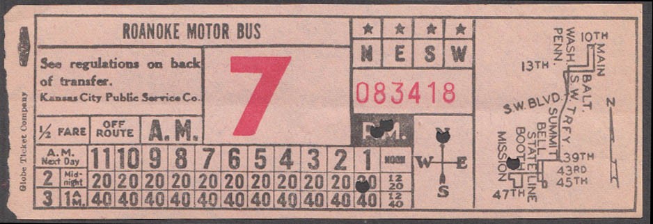 Kansas City KS Public Service Roanoke Motor Bus transfer ca 1940s