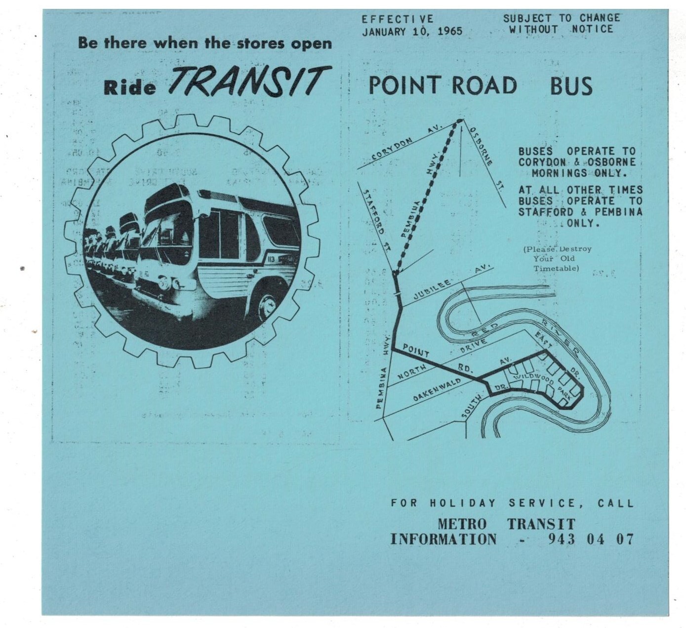 1965 Winnipeg Canada Bus Schedule and Route Map Point Road