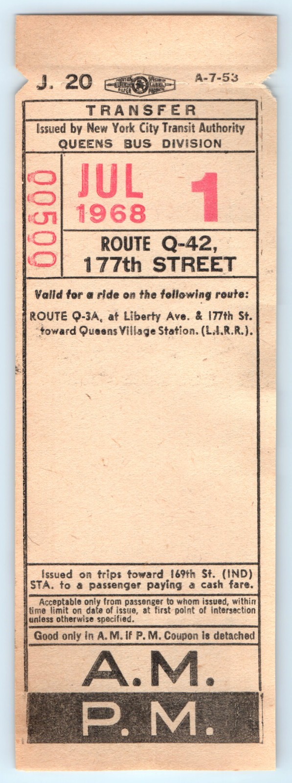 Bus Ticket NYCTA Queens Q-42 177th Street Jul 1 1968 J-20 New York