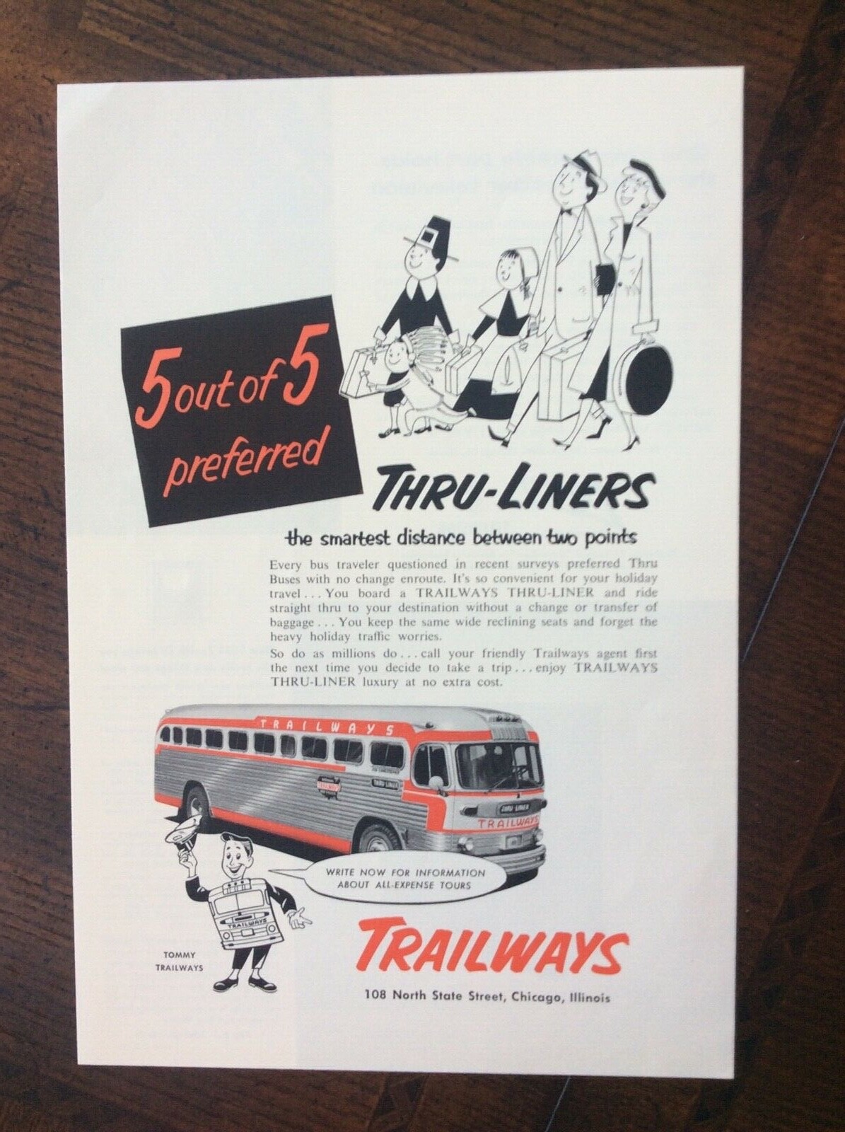 1953 vintage original Print ad Trailways Thru-Liner Bus Line 5 out of 5 Prefer