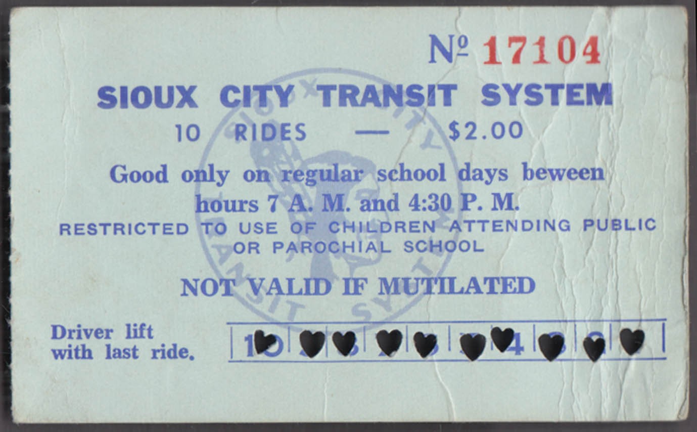 Sioux City Transit System 10-Ride $2.00 School Bus tcket 1970
