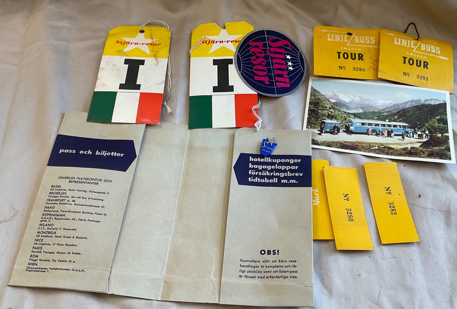 1953 Linje Buss Sweden bus line packet luggage tags stick pin, postcard receipt