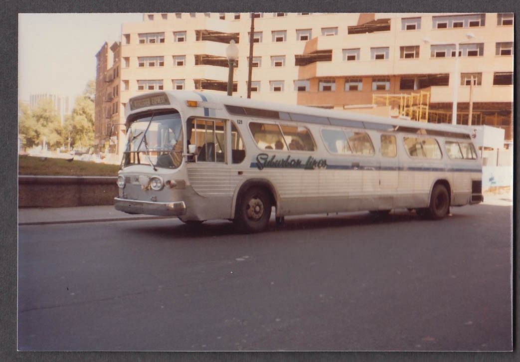 Suburban Lines GM #121 Worcester Express bus snapshot Boston 1982