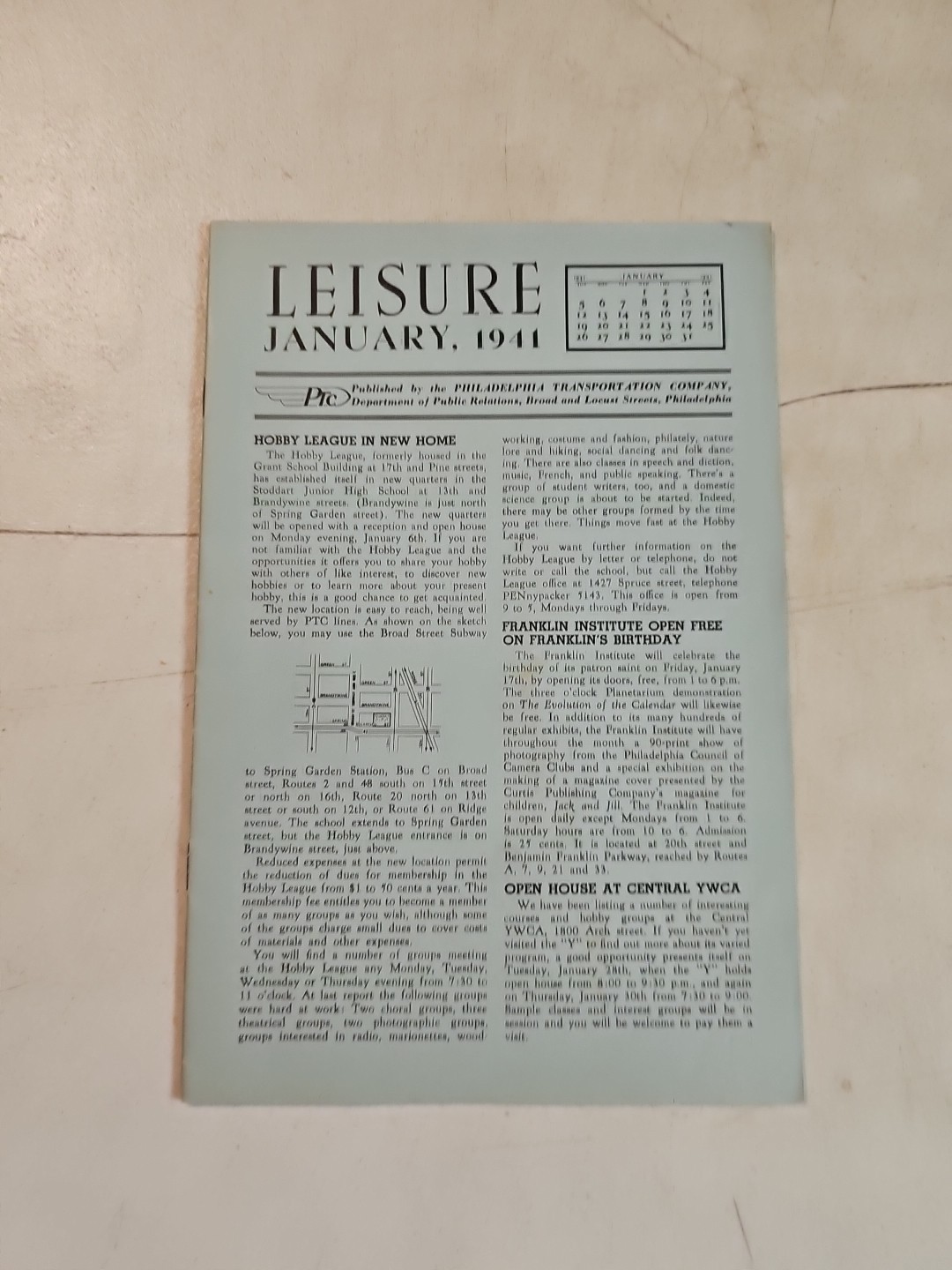 Vintage January 1941 Philadelphia Transportation Company Leisure Newsletter