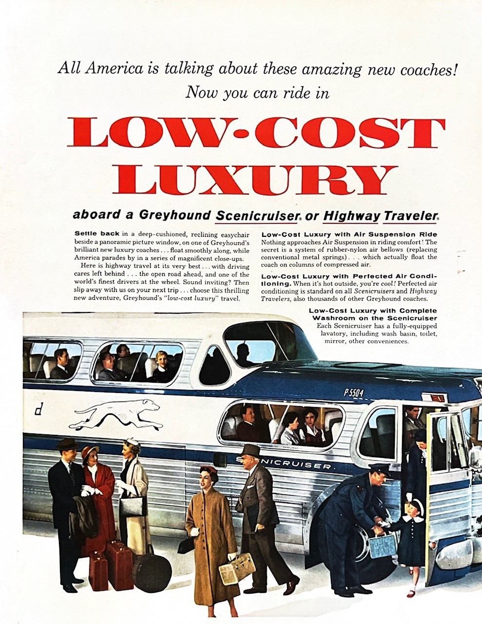 1955 GREYHOUND BUS Genuine Vintage 2-PAGE PRINT AD Tourism Americana 13″ x 20″