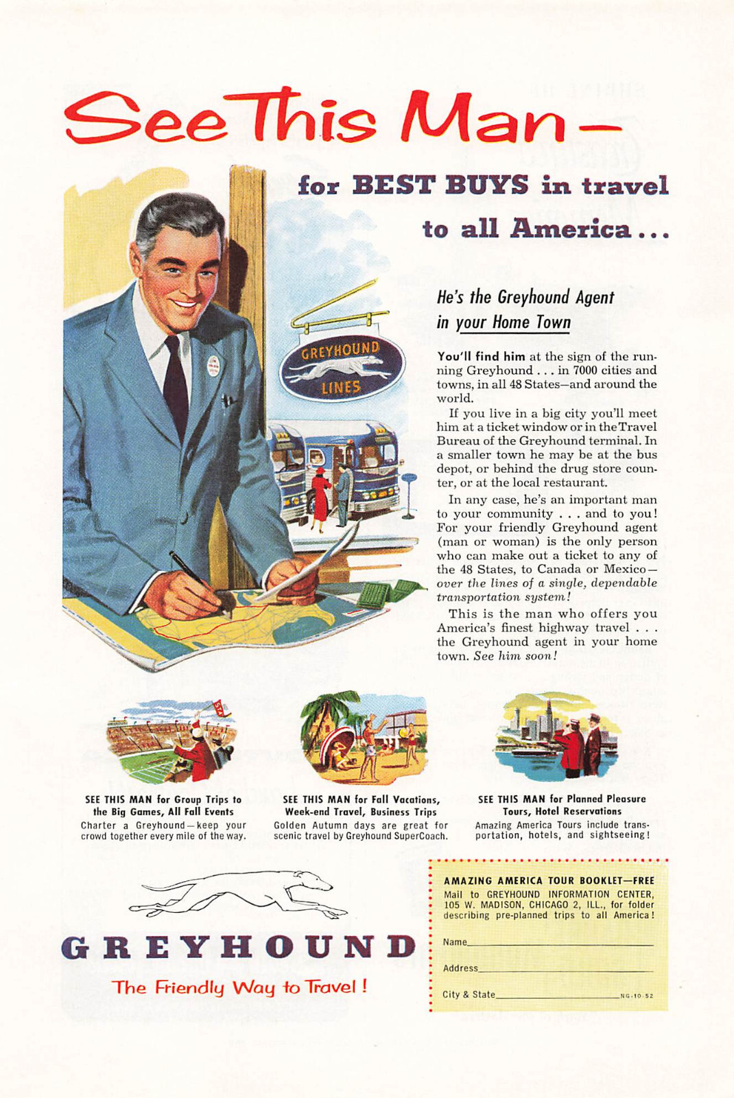 Greyhound Bus Print Ad Transportation Advertising Travel Tours Vintage 1952