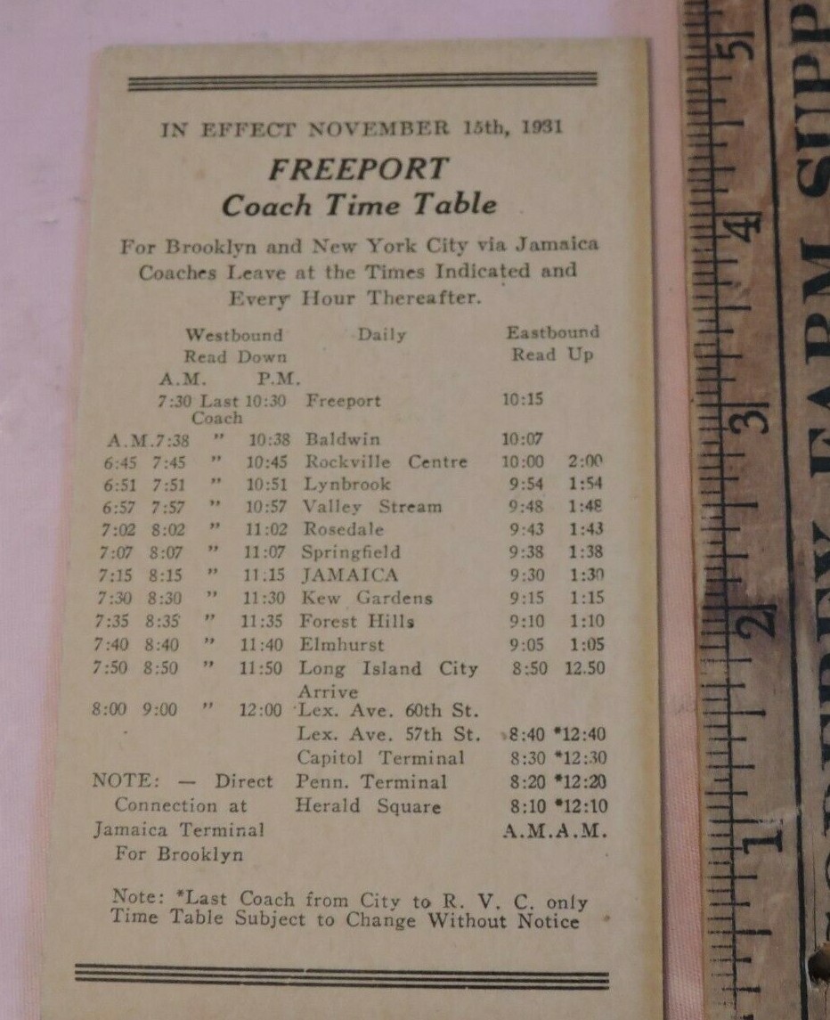 1931 Freeport Bee Line Bus Long Island Queens New York NYC Schedule Timetable