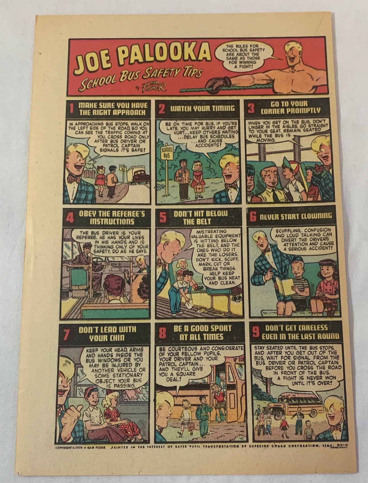 1950 JOE PALOOKA psa cartoon ad page ~ SCHOOL BUS SAFETY TIPS