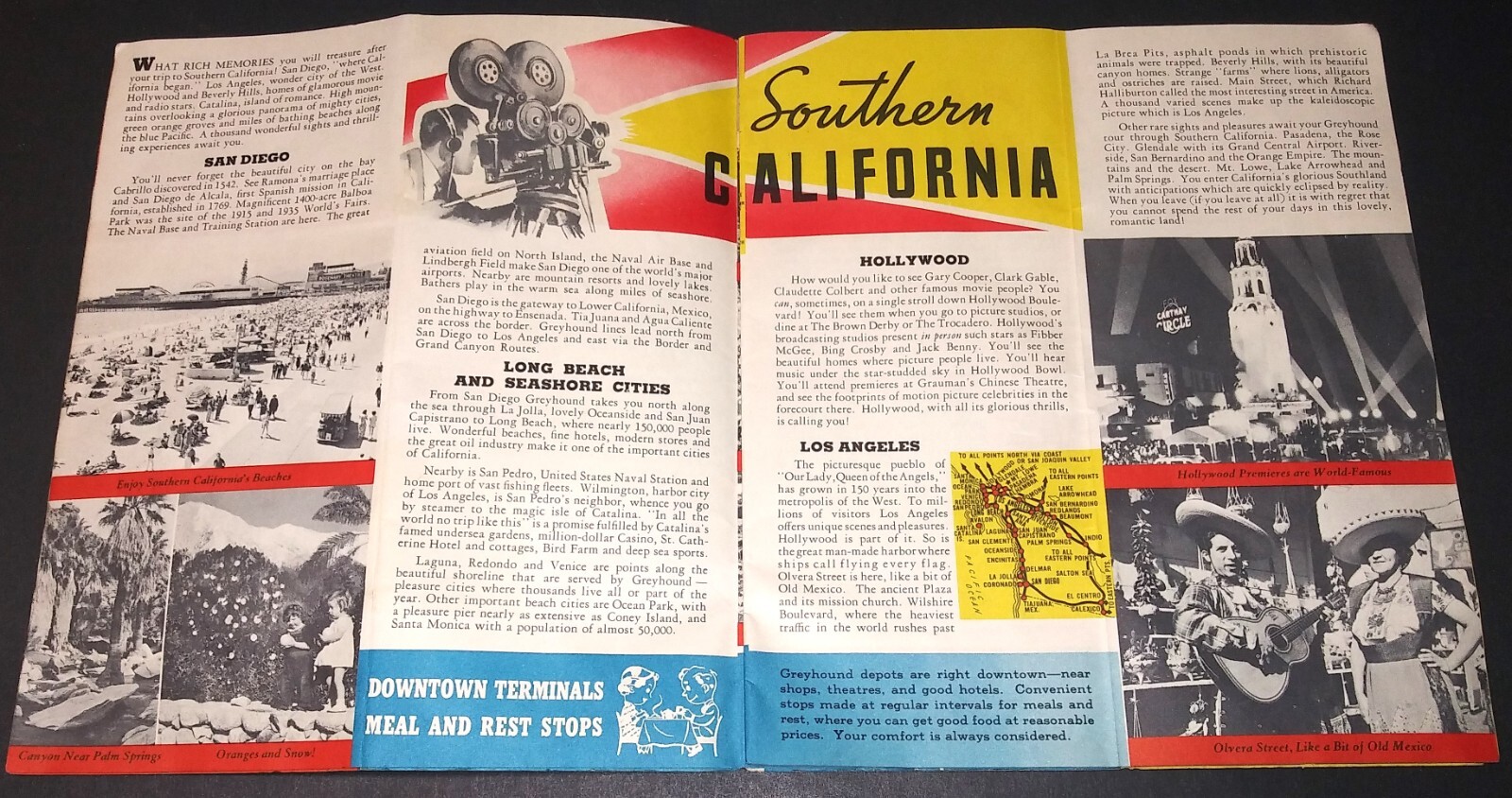 GREYHOUND BUS travel advertising brochure SEE CALIFORNIA & WEST 1939 cartoon map