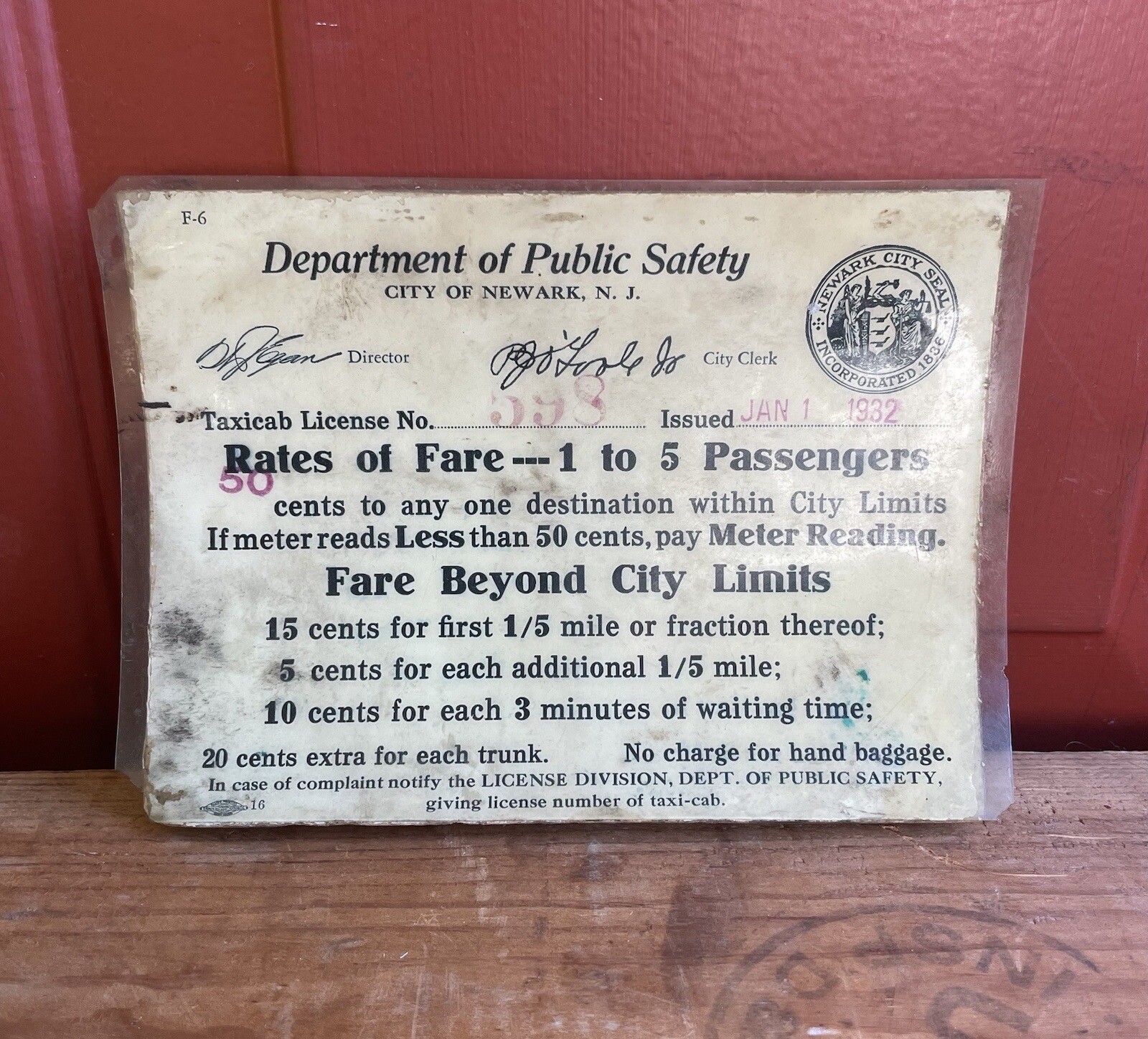 Vintage 1932 Dept Of Public Safety Newark NJ Taxi License #598