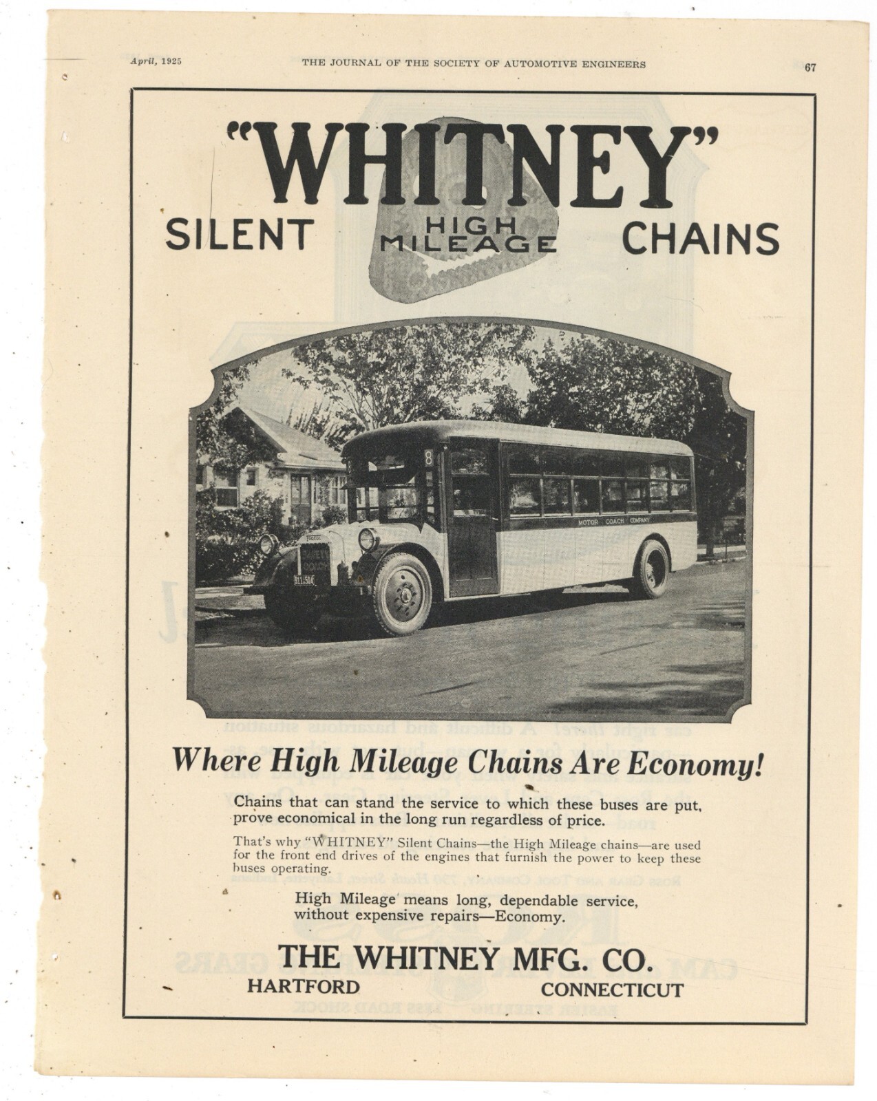 1925 Whitney Mfg. Co. Ad: Silent Chains – Fageol Safety Coach Motor Bus Pictured