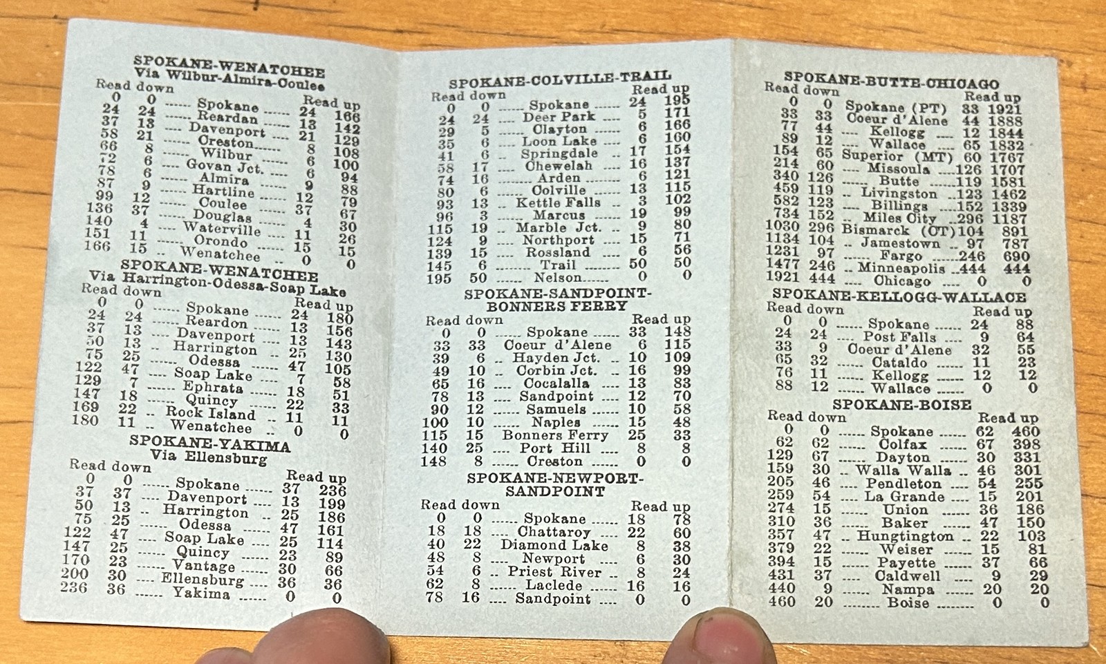 1935 SPOKANE WASHINGTON RAILROAD BUS LINES DISTANCE GUIDE COEUR D’ ALENE HOTEL
