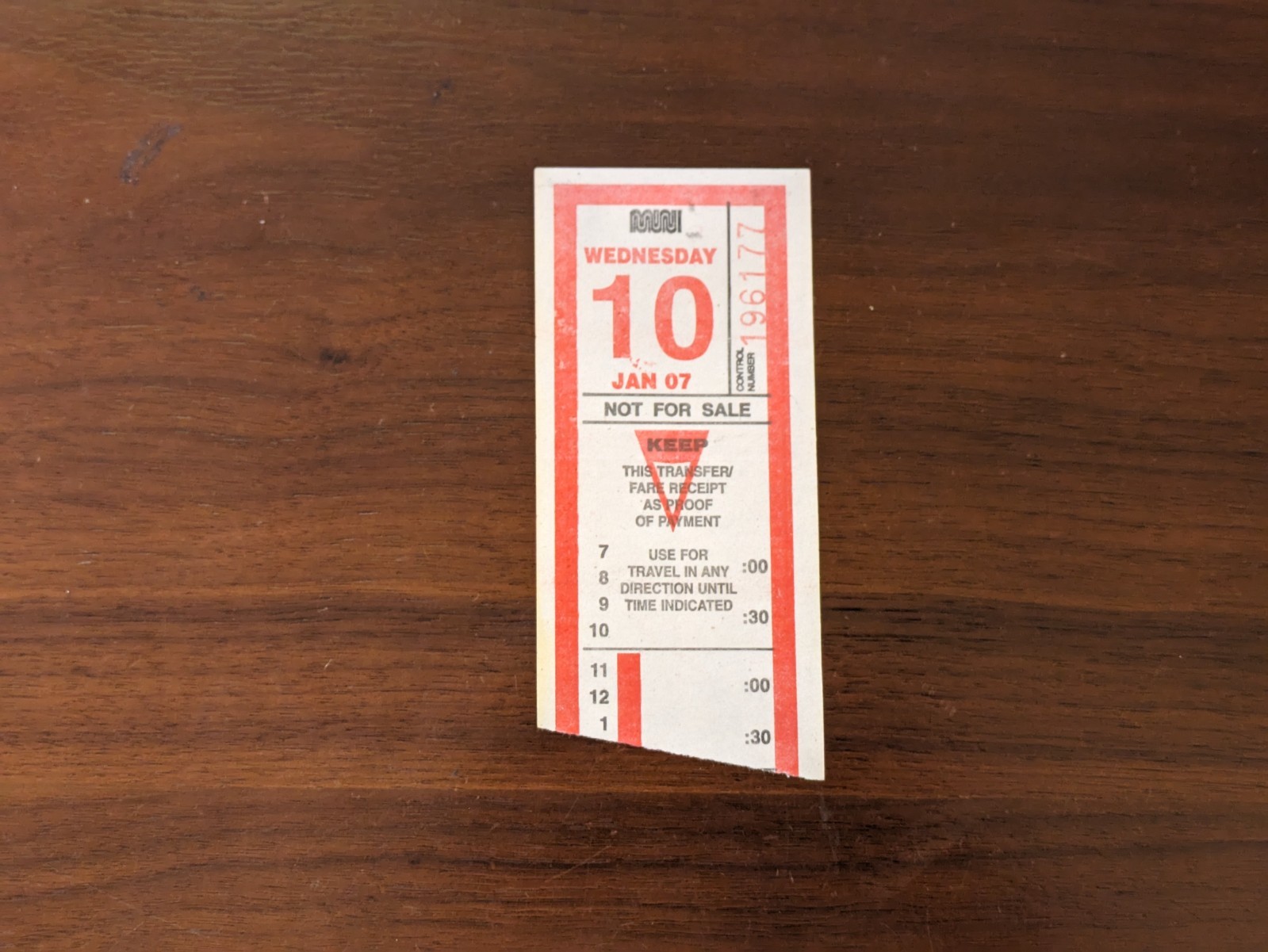 Vintage SF MUNI paper Bus Transfer San Francisco – Rare – Sunday Jan 10th, 2007