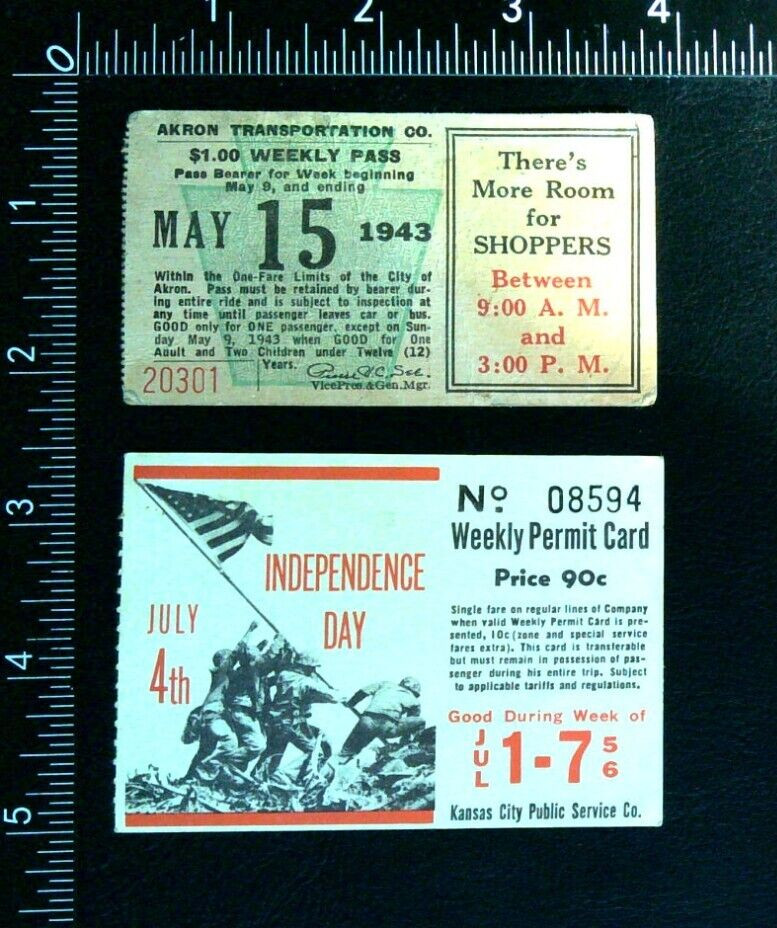 Vintage Railway/Bus Transit Tickets: Weekly Passes (1940s-1950s); 2 Different