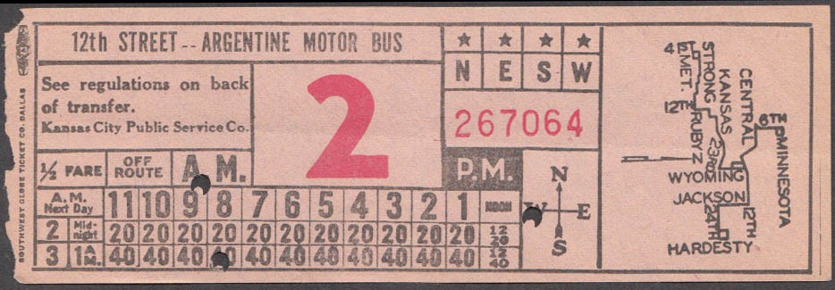 Kansas City KS Public Service 12th Street-Argentine Motor Bus transfer ca 1940s