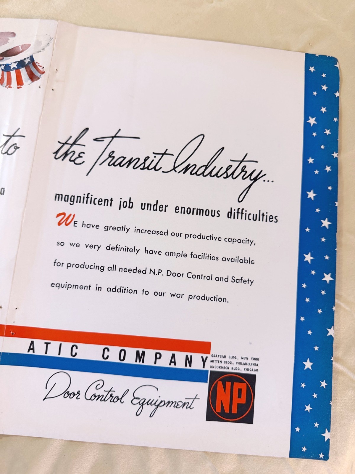 1940s NATIONAL PNEUMATIC Co WWII Ad Door Control Transit Industry War uncle sam