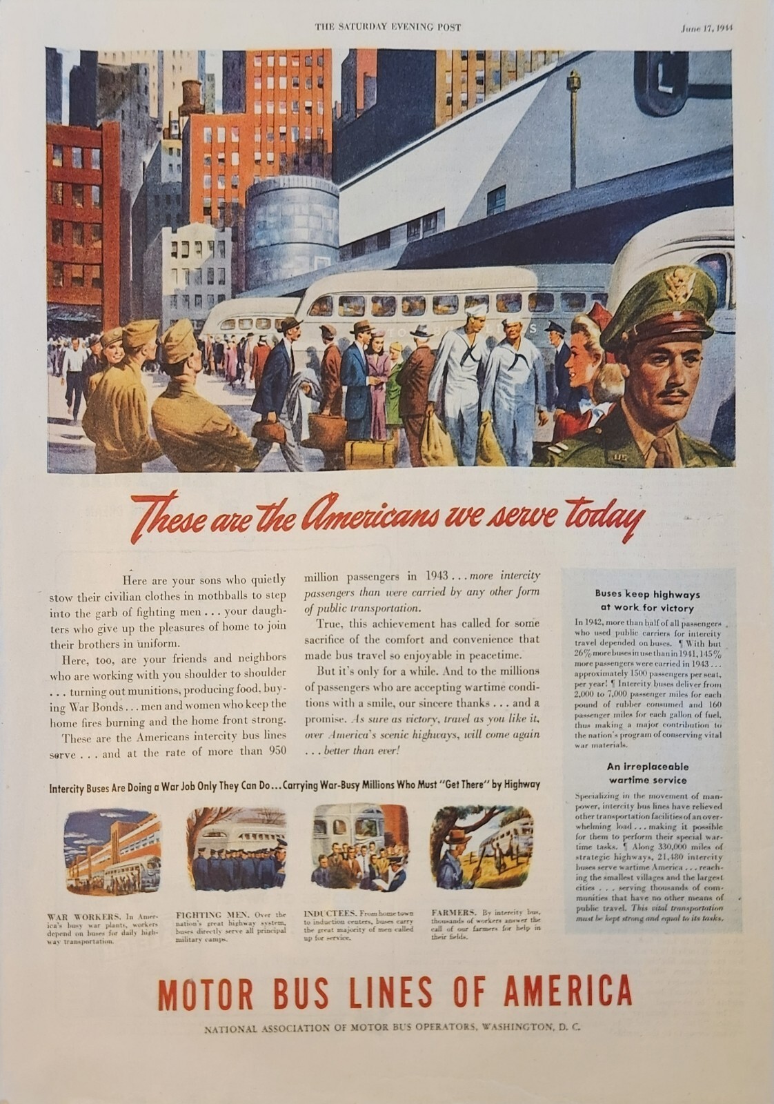 1944 Motor Bus Lines of America Vintage Ad these are Americans we serve today